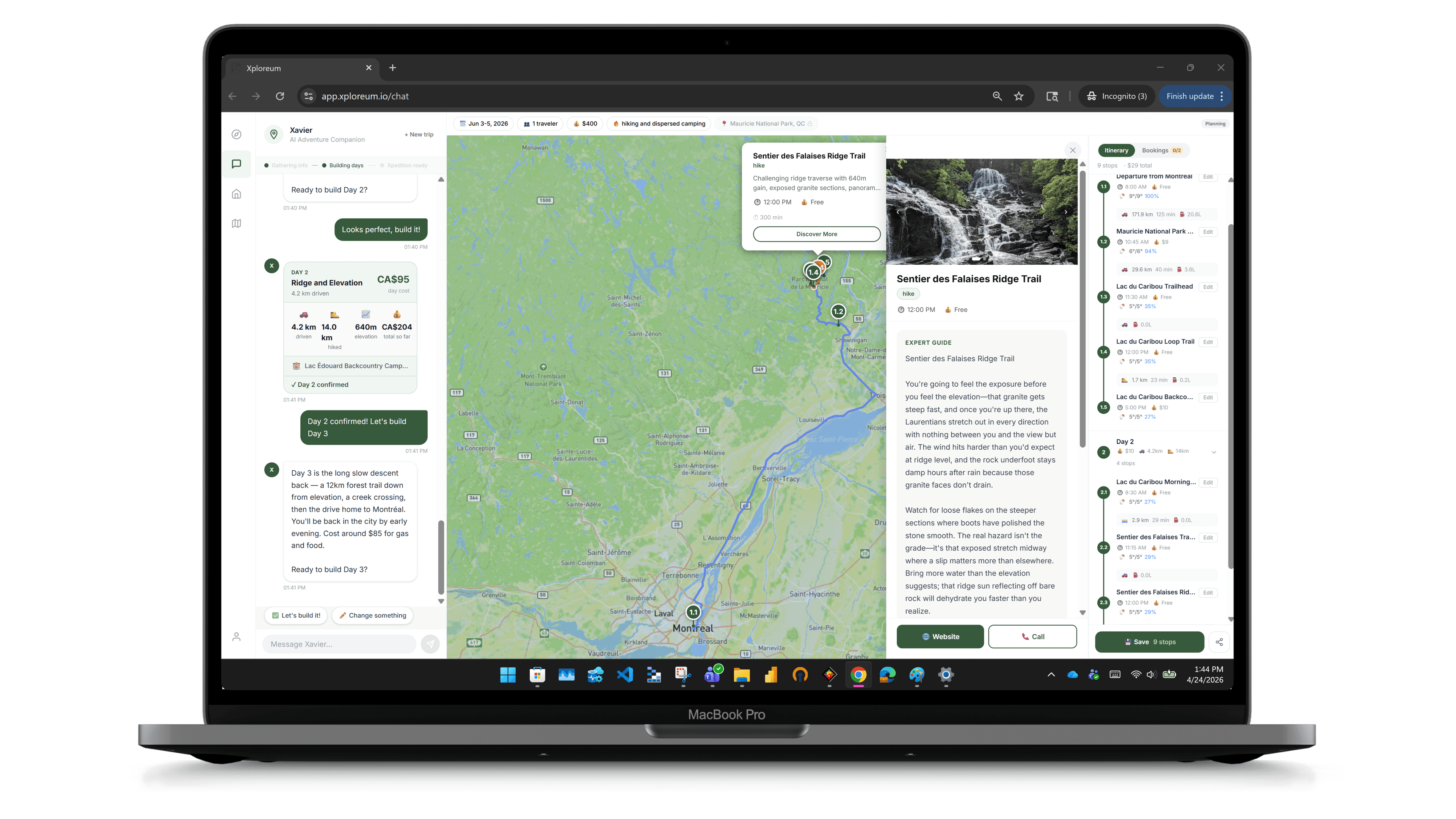 Full Mauricie itinerary: live map with route pins, day-by-day stops, and an Expert Guide panel for a local dépanneur.